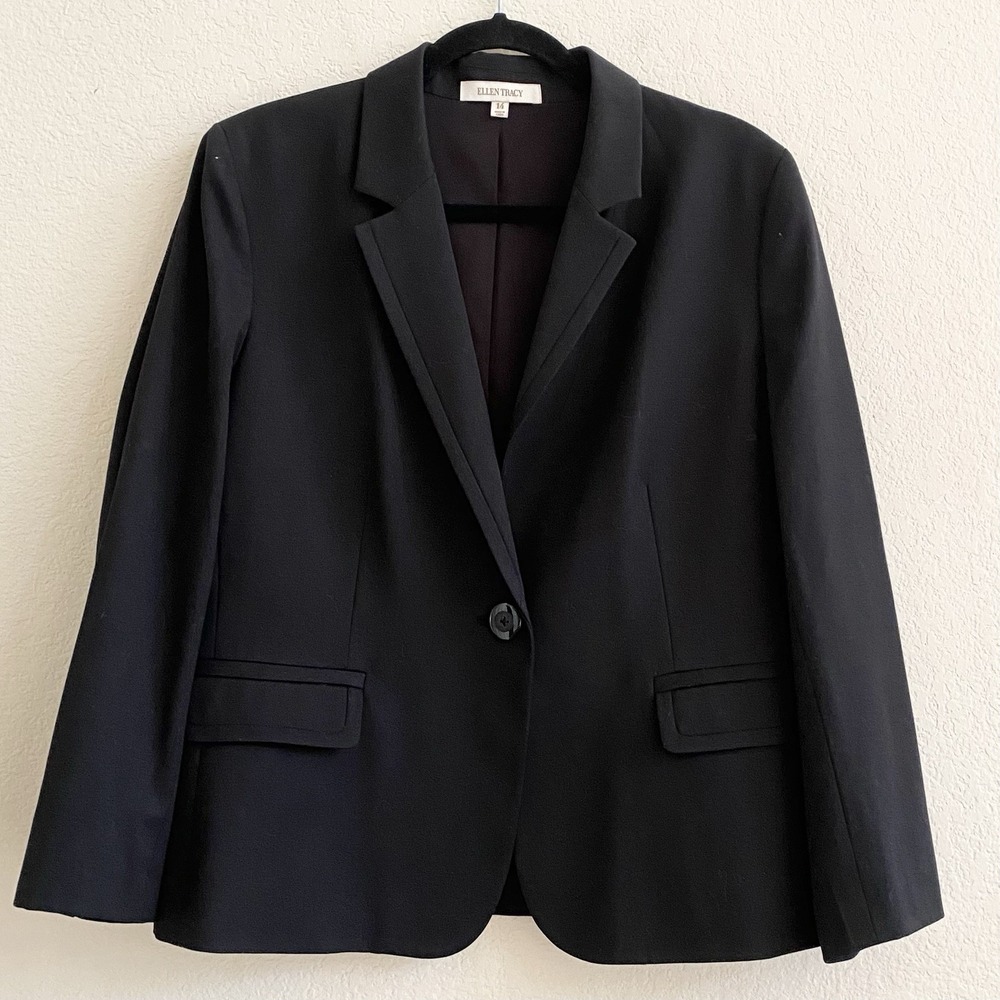 Ellen Tracy Womens Black Single Breasted Notch Lapel Wool Suit Blazer Size 14